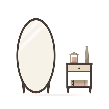 Big dressing mirror with nightstand isolated icon. Bedside table with candle, vase and books. Classic bedroom furniture. Bedroom interior design. Flat style vector illustration.のイラスト素材