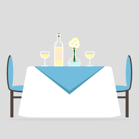 Dining room interior design. Romantic dinner for two. Table with tablecloth and two chairs. Flat style illustration.のイラスト素材