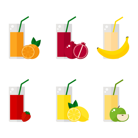 Juice icons on white background. Juice glass with fruits. Flat style vector illustration.のイラスト素材