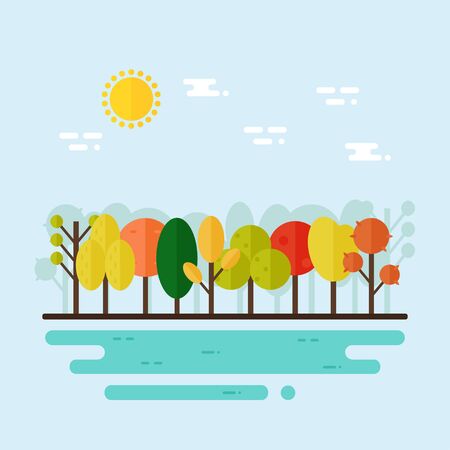 Autumn landscape. Autumn forest trees on blue background with river. Flat style vector illustration.のイラスト素材