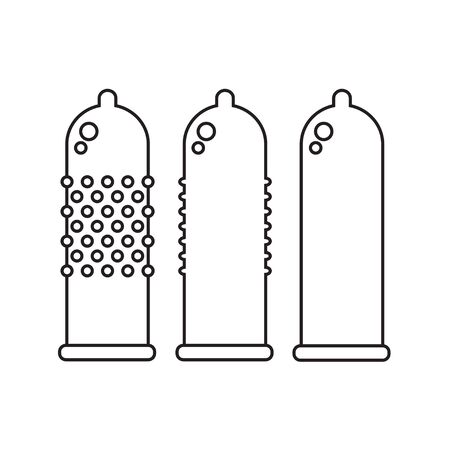 Condoms isolated icons on white background. Condoms symbol. Sex toys. Flat line style vector illustration.のイラスト素材