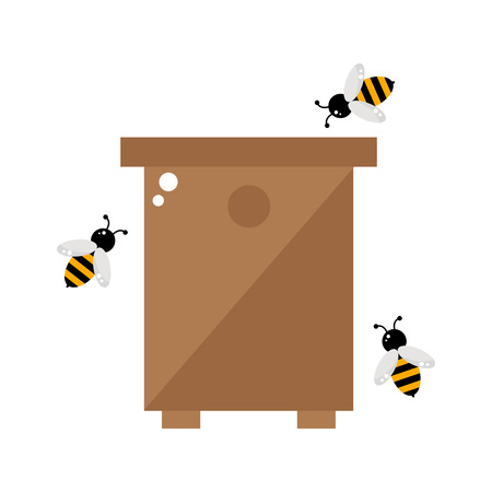Bee hive isolated icon on white background. Beehive with honey bees. Wooden bee hive. Organic beekeeping. Apiary farm. Bee house. Flat style vector illustration.のイラスト素材