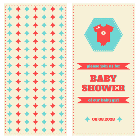 Baby card design template. Baby shower card. Two-side card. Welcome baby card. Retro card for newborn baby girl. Design elements for card, invitation, banner, flyer. Flat style vector illustration.のイラスト素材