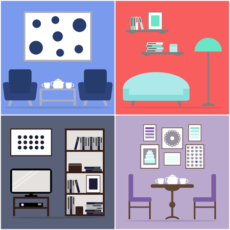 Apartment furniture collection. Furniture for living room, dining room. Flat vector illustration design.のイラスト素材