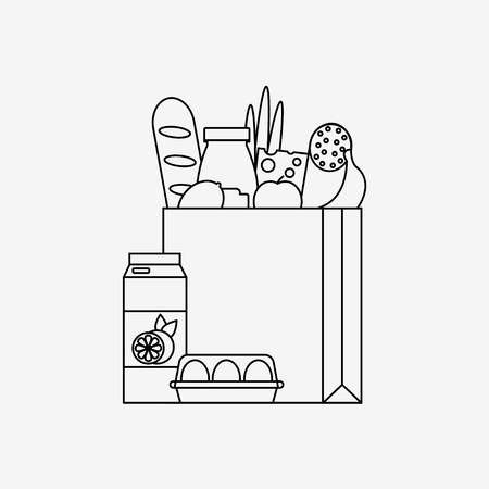 Grocery bag icon isolated on white background. Paper bag with fresh food. Supermarket concept. Flat line style vector illustration.のイラスト素材