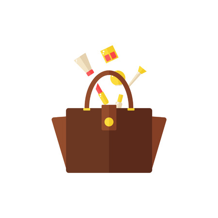 Bag with cosmetics isolated icon on white background. Women bag. Inside the bag. Lipstick, nail polish, hand cream, eyeshadow, makeup brush, mirror. Flat vector illustration design.のイラスト素材