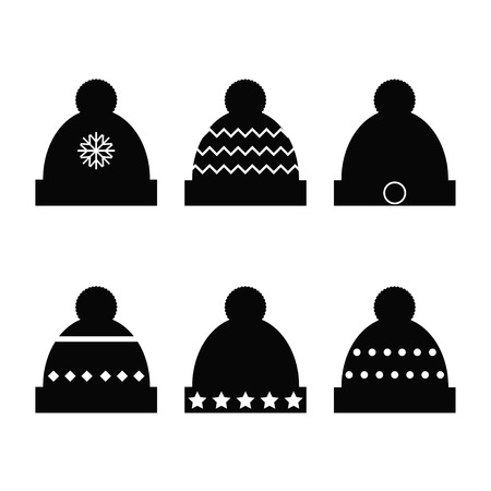 Winter hats black silhouette on white background collection. Flat vector illustration design.のイラスト素材