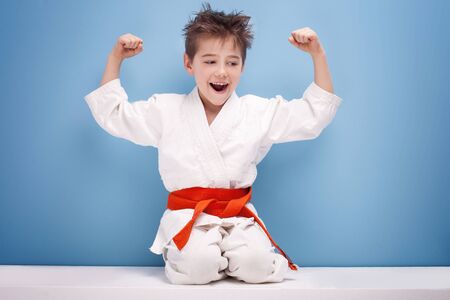 Little boy with orange belt on kimono. Karate.の写真素材
