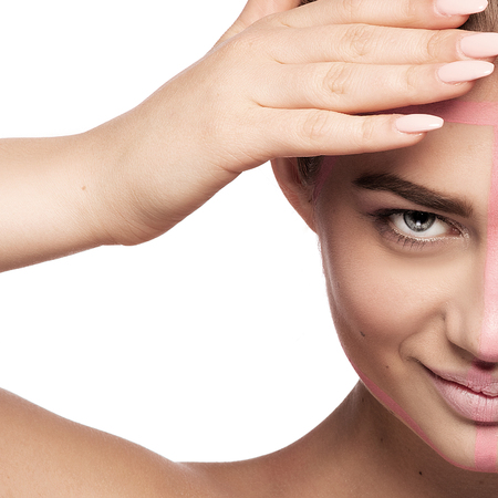 Closeup beauty portrait of young attractive woman with ideal skin. Artistic makeup. Studio shot. Skincare.の写真素材