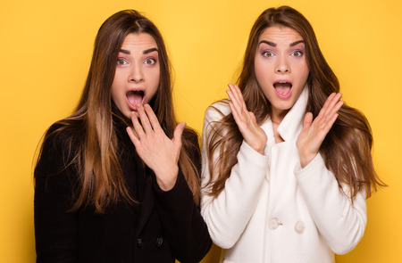 Fashion studio photo of two beautiful young ladys . Beauty portrait of twins sisters. Perfect face makeup. Smiling happy girls.の写真素材