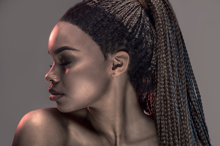 Portrait of beautiful young african girl with braids, studio shot.