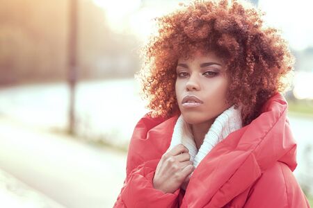Autumn outdoor portrait of beautiful african american girl with afro hairstyle.の写真素材