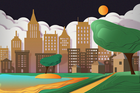 Cityscape with skyscrapers, clouds, sun and trees at night. Modern vector illustration.の写真素材