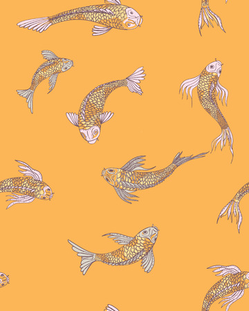 Fish seamless pattern. Wallpaper design. Japanese fish illustration.の写真素材
