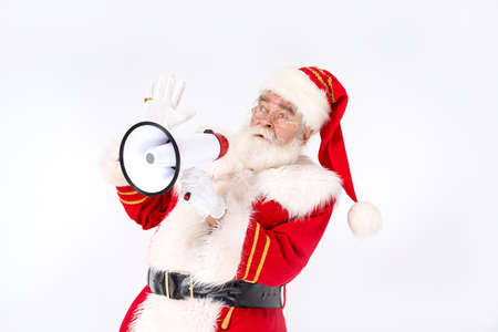 Christmas are coming! Real Santa Claus screaming through megaphone about xmas.