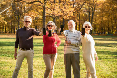 Group of senior people smiling and showing empty screens of mobile phones in autumn park - Mature...