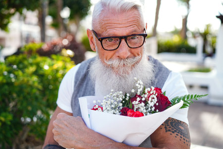 Senior man with white beard and mustache smiling to the camera, waiting for his date with flowers in hands. Real people emotions. Happy lifestyle. Fashionable pensioner.の写真素材