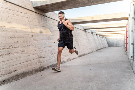 Sporty young man jogging with music from headphones, morning routine. Healthy lifestyle concept. Personal trainer.の写真素材