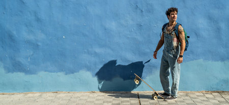 Young handsome skater man with backpack and waveboard. Sunny summer day in the city. Real people lifestyle. Hobby concept.の写真素材
