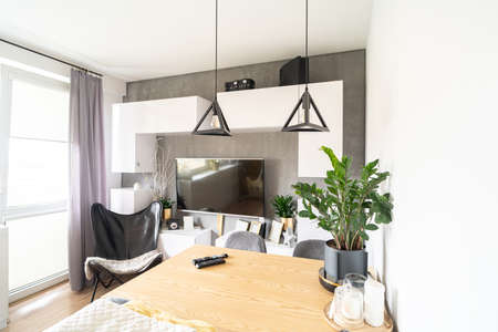 Photo of modern living room with furniture, blank screen TV and picture frames, decorations. Home interior design background.の写真素材