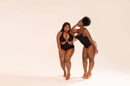 Two attractive female models in black fashionable swimwear posing together in studio. Body positive concept. Plus size women. Copy space.の写真素材