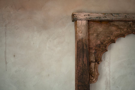 Old vintage wooden frame and concrete texture wall. Real photo.の写真素材