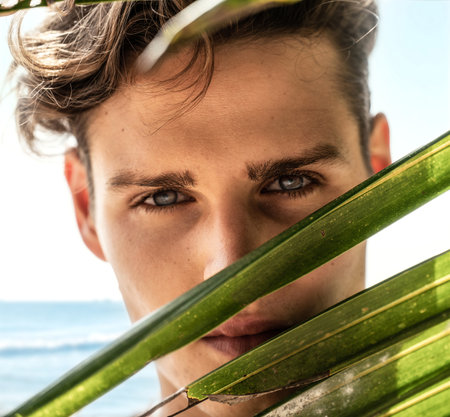 Beauty closeup portrait of handsome young man looking at the camera through green palms leaf.  Summer vibes.の写真素材