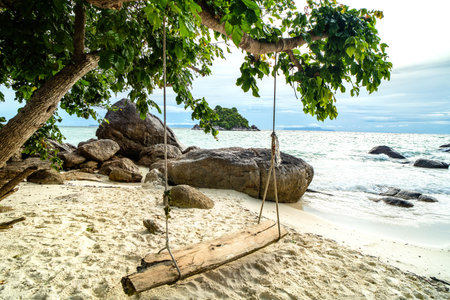 Wooden swing hang under tree at Koh Lipe Island, Thailand, Asia. Travel destination and nature landscape concept , summer holiday background.の写真素材