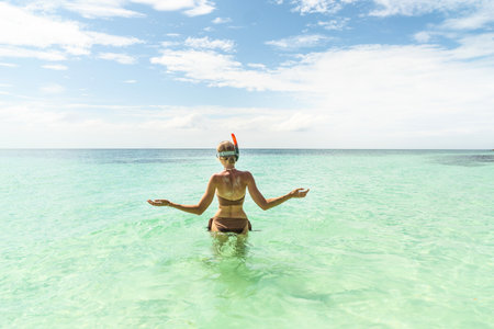 Woman in a brown bikini snorkeling on Maldives. back view. Tropical coastline. tourists. Traveler. Hobby. Wanderlust. copy space.の写真素材