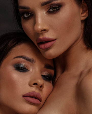 Beauty portrait of two beautiful young women with glamor makeup . twin sisters.の写真素材