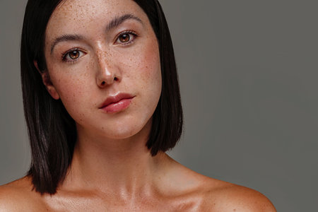 Woman with healthy facial skin. Beautiful girl with natural hydrated face with freckles looking at the camera and posing on studio background.の写真素材