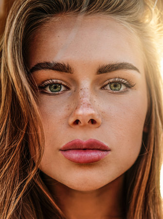 Beautiful young woman with natural freckles on face. Closeup portrait of an attractive girl with a delicate makeup. skincare concept.の写真素材