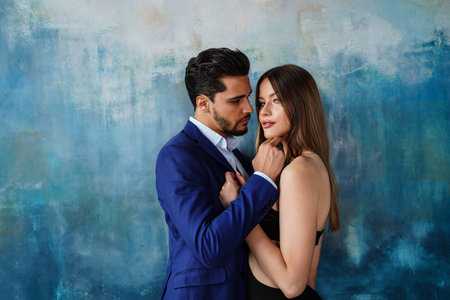 Elegant sexy couple posing together. Handsome man in elegant suit hugging and kissing beautiful woman. A lot of copy space.の写真素材