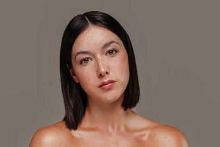 Woman with healthy facial skin. Beautiful girl with natural hydrated face with freckles looking at the camera and posing on studio background.の写真素材