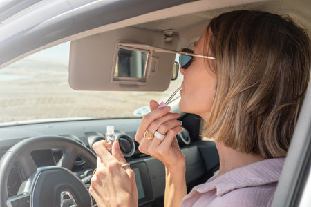 Blonde woman in suglasses doing makeup with lipstick, driving car and looking at mirror. concept photo.の写真素材