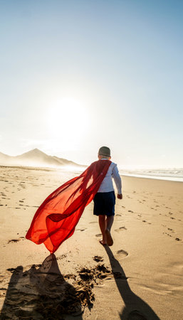Superhero child walking on the sandy, sunset beach, wearing red mask and cape. Back view. Full length. Summer vacation concept. Copy space. Kids power.の写真素材