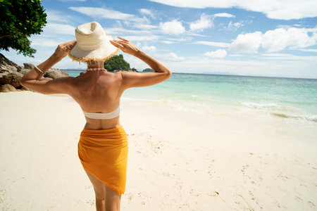 Happy island lifestyle. White sand, blue cloudy sky, crystal sea and tropical beach. Paradise. Back view of woman relaxing, sunbathing. Vacation. Solo traveler.の写真素材