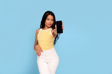 Young cheerful asian woman showing mobile phone black screen to the camera, standing on the blue pastel studio background. A lot of copy space. Sale.の写真素材