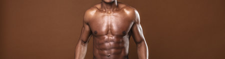Sexy muscular male torso of african athlete bodybuilder posing on brown studio background.の写真素材
