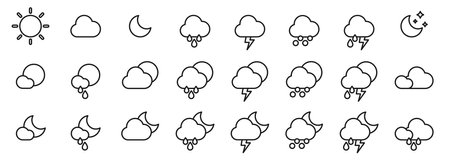 Weather Black Icons Collection Vector. Weather Forecast Line Symbols Set. JPG Illustration For Web.の写真素材