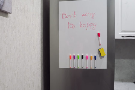 text on the fridge do not worry be happyの写真素材