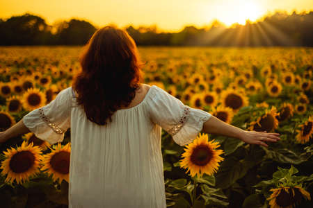 Young woman or girl enjoying the beautiful sunset and rays of the sun in the field of sunflowersの写真素材