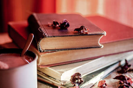 A stack of vintage books and a mug of hot chocolate, concept of cozy place and pleasant reading.の写真素材