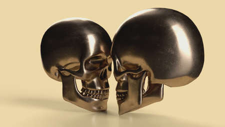 3d render, two golden skulls look at each other on a yellow background in profile backgroundの写真素材