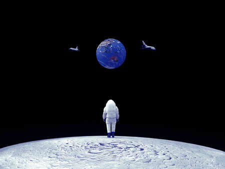3d render, the astronaut stands on the moon and looks at the earth, shuttles fly around the earth astronaut stands on the moonの写真素材