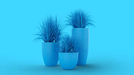 3d render three pots with vases of blue color abstract backgroundの写真素材
