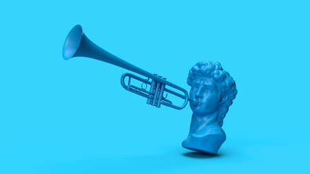 3d render man playing the trumpet art background blue roman greek modernの写真素材