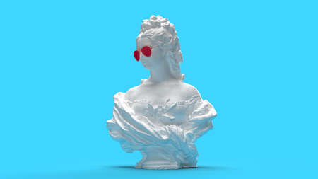 3d render white bust woman in glasses in blue bacgroundの写真素材