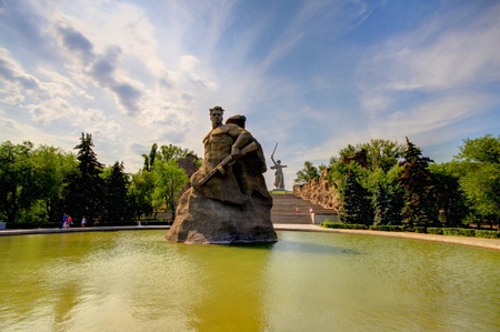 Memorial obelisk on mound Mamayev Kurgan Russia  のeditorial素材