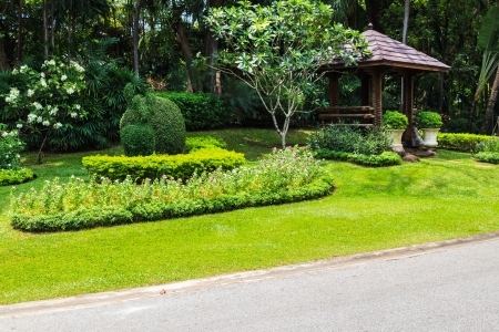 Landscape in the Park with Wooden Pavilionの写真素材